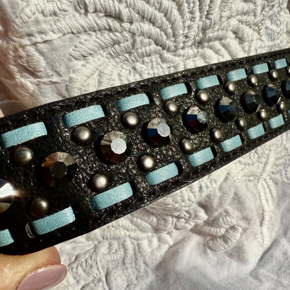 Black & Blue Leather Western Belt w/ Black Crystals - Picture 5 of 9